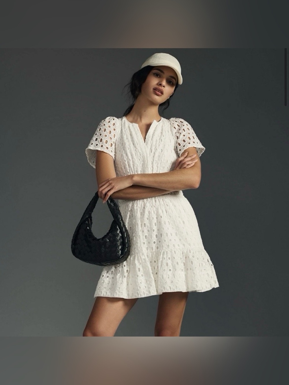 Anthropologie Maeve White Eyelet Puff Sleeve Smocked Waist Mini Dress Size 0